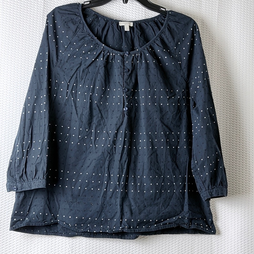Talbots Blouse Women Large Navy Blue Polka Swiss Dot Cotton‎ Nautical Timeless